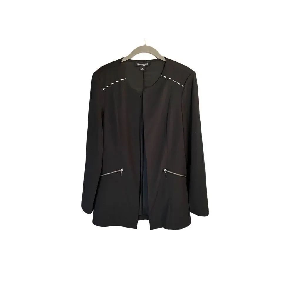 Perceptions, women’s black jacket, zipper detail, black-and-white trim size medi